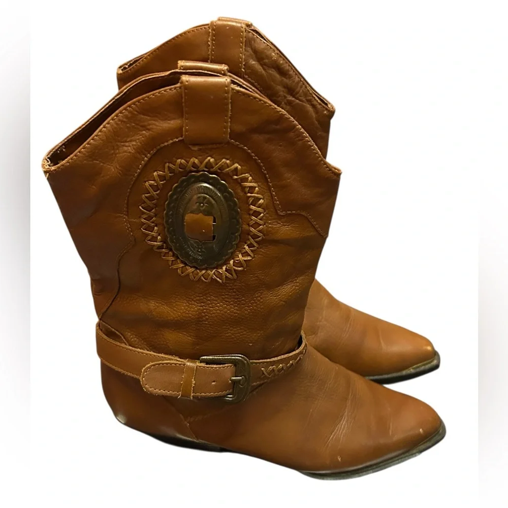 Leather Craft Brown Western Ankle Boots Y2K Size 5 Bohemian Cowgirl Vintage
